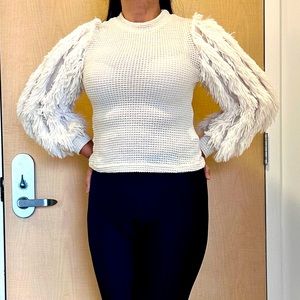 Soft Fur-like Long Sleeve & Waffle Knit Cream Fitted Top